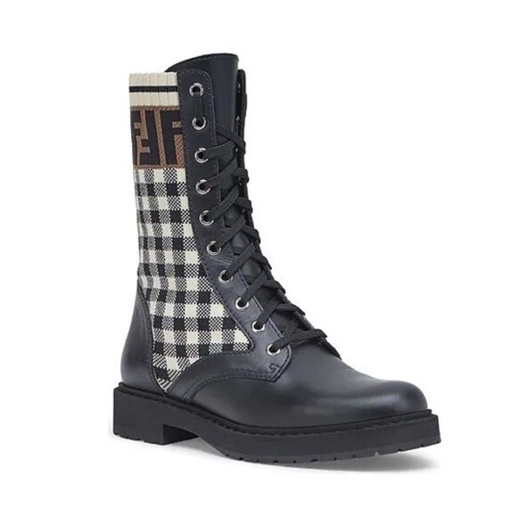 Fendi Rockoko Knit Leather Logo Biker Vitello Combat Boots Size 8.5 - Picture 1 of 12